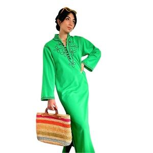 Vintage 1960s/70s Lime Green Embroidered Maxi Dress Boho